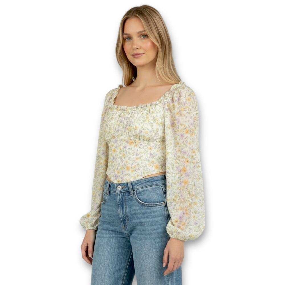 Elodie Women's Cropped Long Sleeve Floral Smocked Top XL White Yellow Maiden